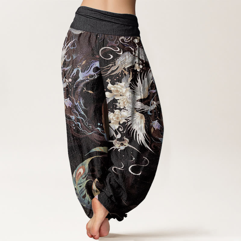 Pantaloni harem da donna in puro cotone con motivo a fiori di fenice, con elastico in vita, Buddha Stones