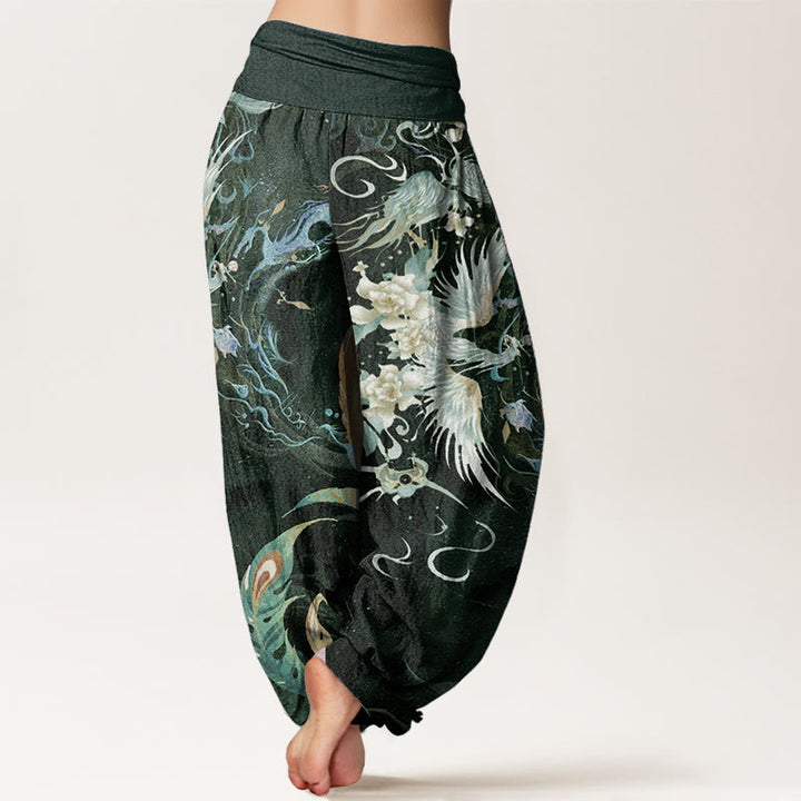 Pantaloni harem da donna in puro cotone con motivo a fiori di fenice, con elastico in vita, Buddha Stones