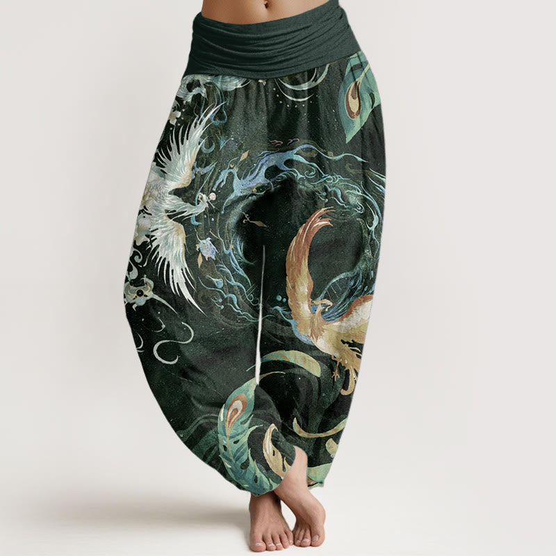 Pantaloni harem da donna in puro cotone con motivo a fiori di fenice, con elastico in vita, Buddha Stones