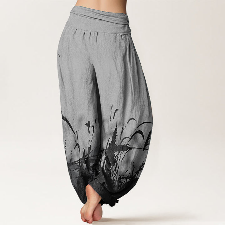 Pantaloni harem da donna con elastico in vita, in puro cotone con motivo erba selvatica, motivo Buddha Stones