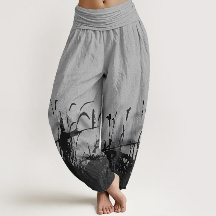 Pantaloni harem da donna con elastico in vita, in puro cotone con motivo erba selvatica, motivo Buddha Stones