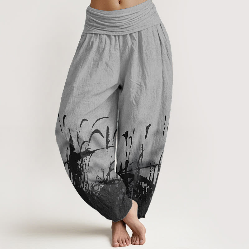 Pantaloni harem da donna con elastico in vita, in puro cotone con motivo erba selvatica, motivo Buddha Stones - Grigio - US22, UK/AU26, EU54 (6XL) - image 0