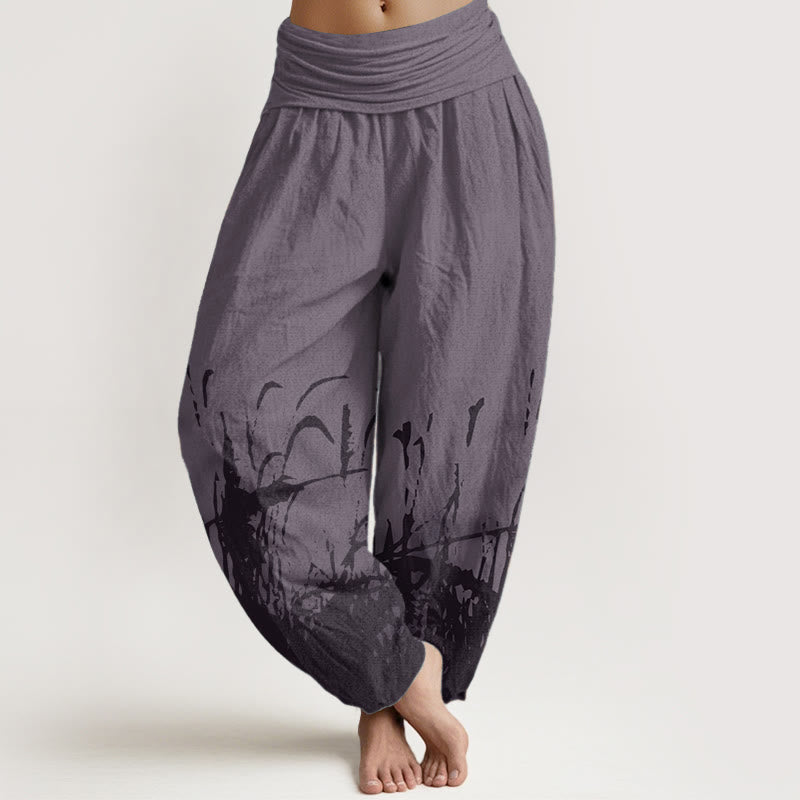 Pantaloni harem da donna con elastico in vita, in puro cotone con motivo erba selvatica, motivo Buddha Stones