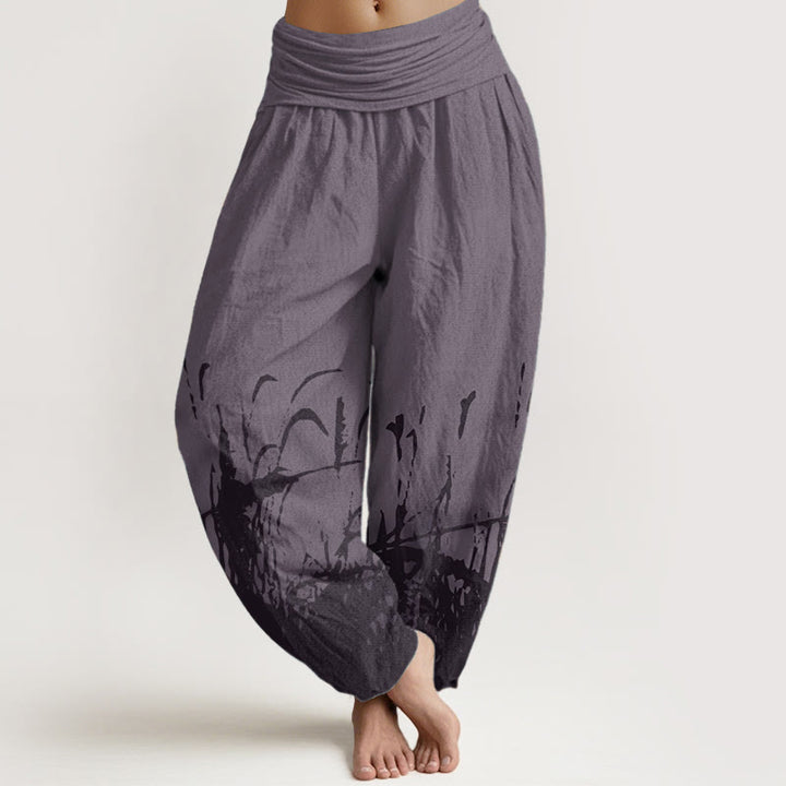 Pantaloni harem da donna con elastico in vita, in puro cotone con motivo erba selvatica, motivo Buddha Stones