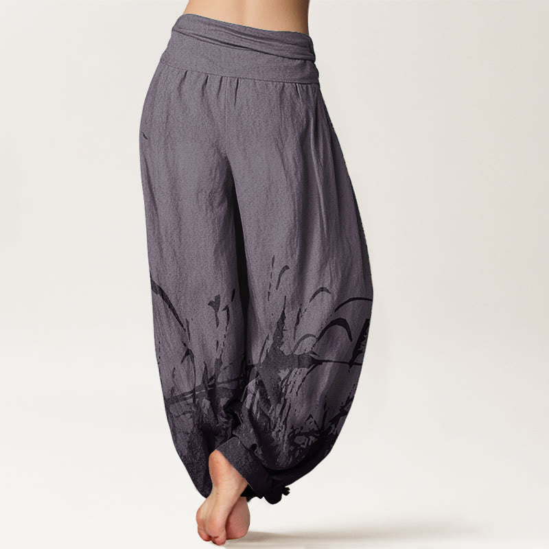 Pantaloni harem da donna con elastico in vita, in puro cotone con motivo erba selvatica, motivo Buddha Stones