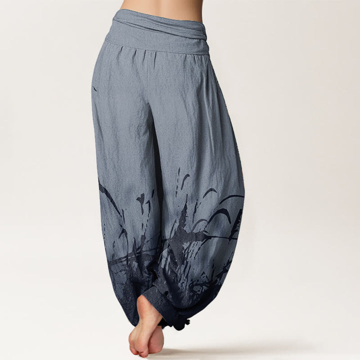 Pantaloni harem da donna con elastico in vita, in puro cotone con motivo erba selvatica, motivo Buddha Stones