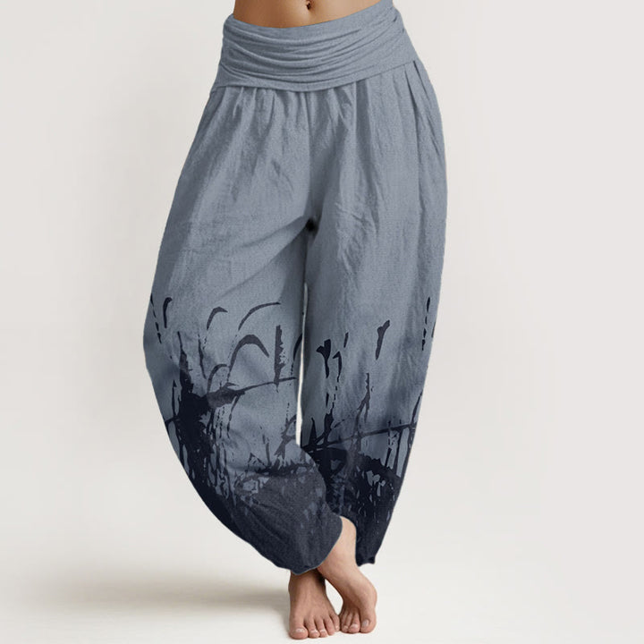 Pantaloni harem da donna con elastico in vita, in puro cotone con motivo erba selvatica, motivo Buddha Stones