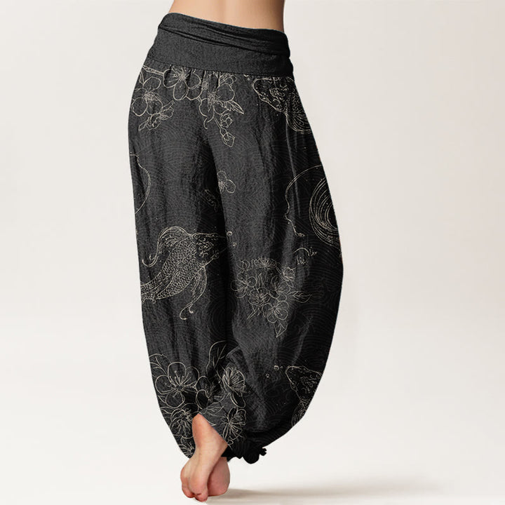 Pantaloni harem da donna con elastico in vita, in puro cotone, con motivo floreale a pesci koi, motivo Buddha Stones