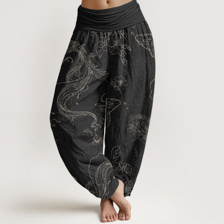 Pantaloni harem da donna con elastico in vita, in puro cotone, con motivo floreale a pesci koi, motivo Buddha Stones