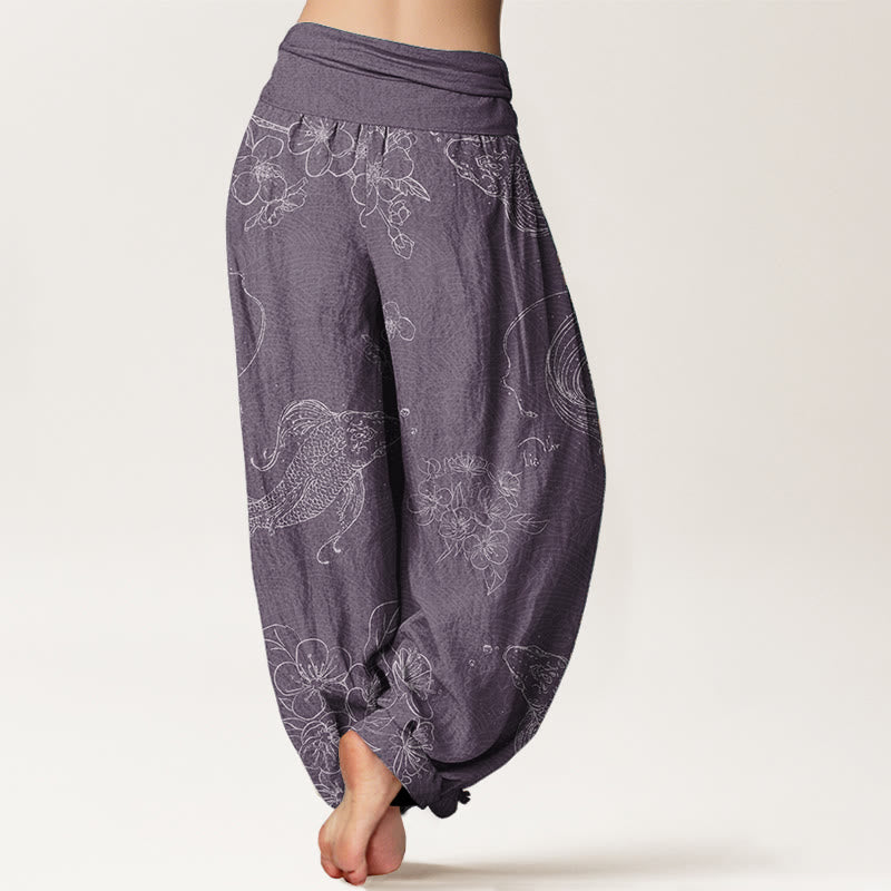 Pantaloni harem da donna con elastico in vita, in puro cotone, con motivo floreale a pesci koi, motivo Buddha Stones