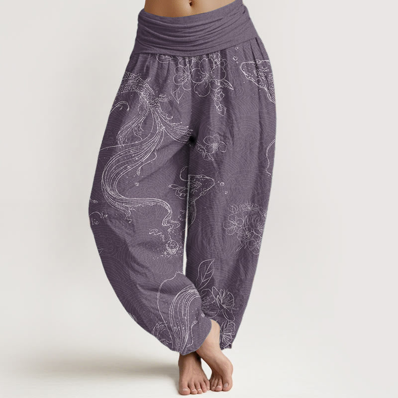 Pantaloni harem da donna con elastico in vita, in puro cotone, con motivo floreale a pesci koi, motivo Buddha Stones