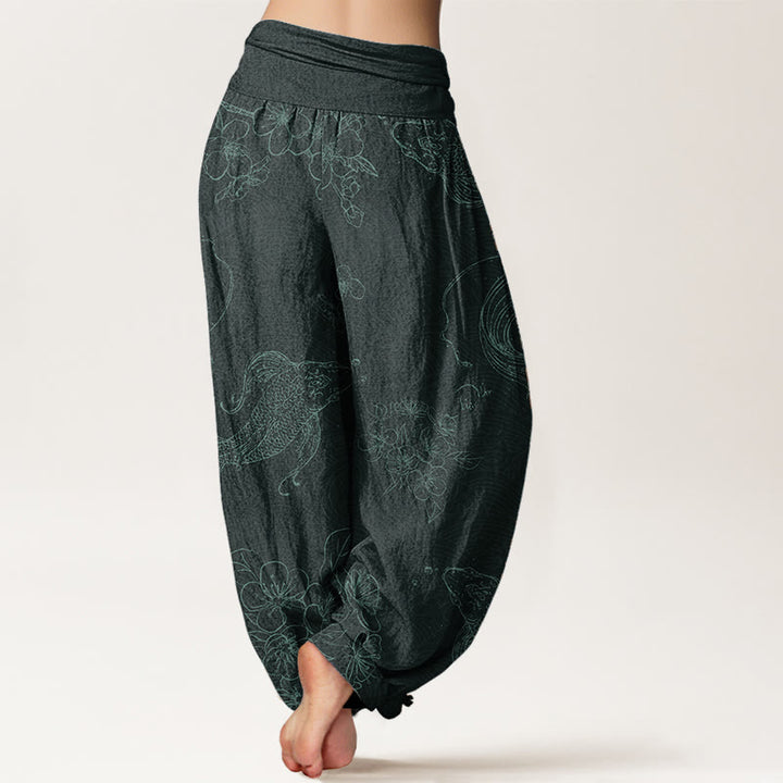 Pantaloni harem da donna con elastico in vita, in puro cotone, con motivo floreale a pesci koi, motivo Buddha Stones