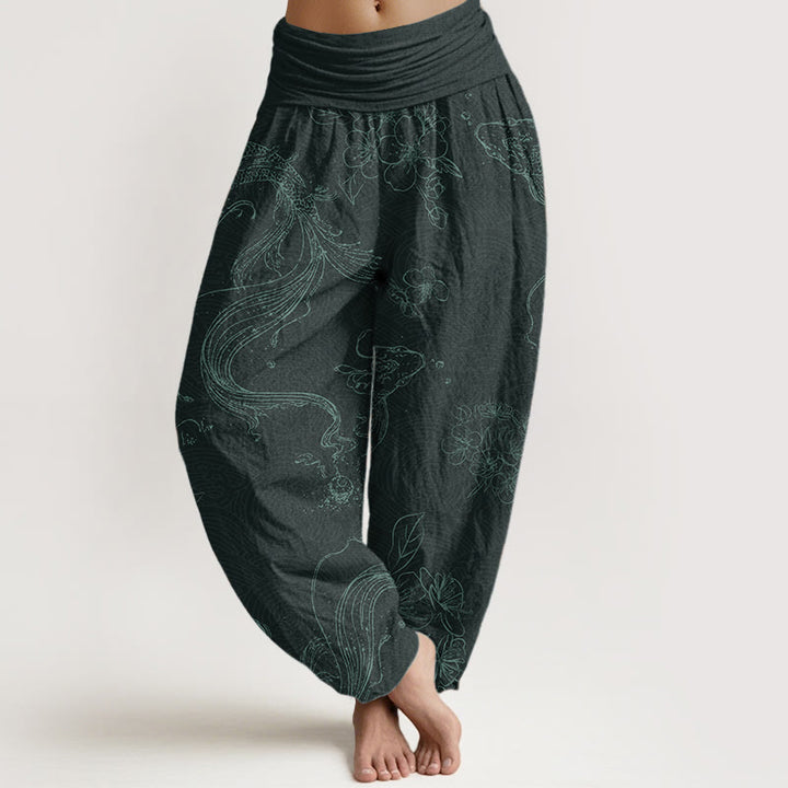 Pantaloni harem da donna con elastico in vita, in puro cotone, con motivo floreale a pesci koi, motivo Buddha Stones