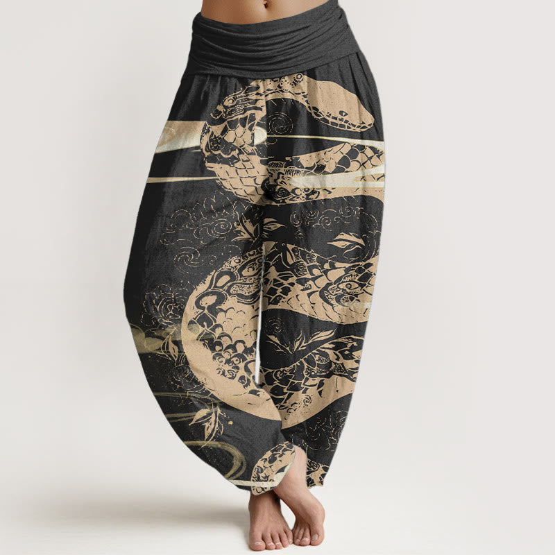 Pantaloni harem da donna in cotone puro con elastico in vita, motivo a serpente, motivo a nuvole di buon auspicio, Buddha Stones - Nero - US22, UK/AU26, EU54 (6XL) - image 0