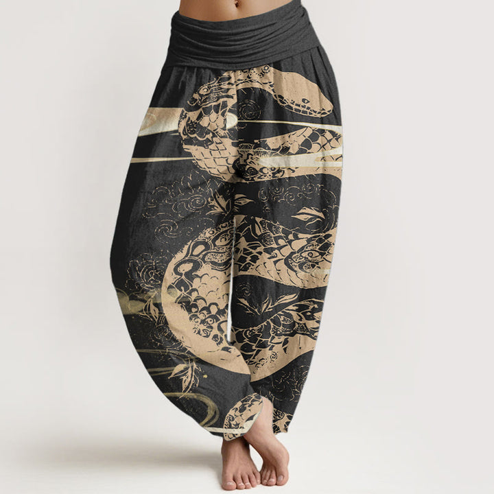 Pantaloni harem da donna in cotone puro con elastico in vita, motivo a serpente, motivo a nuvole di buon auspicio, Buddha Stones