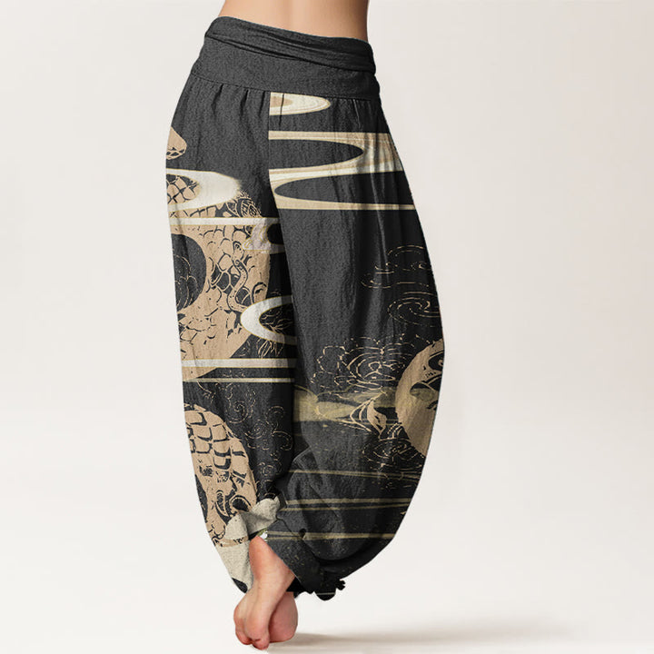 Pantaloni harem da donna in cotone puro con elastico in vita, motivo a serpente, motivo a nuvole di buon auspicio, Buddha Stones
