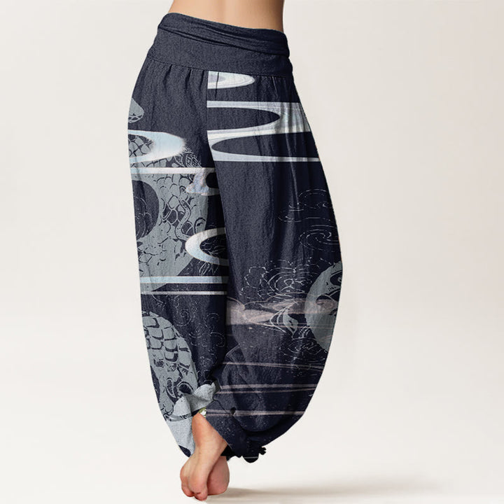 Pantaloni harem da donna in cotone puro con elastico in vita, motivo a serpente, motivo a nuvole di buon auspicio, Buddha Stones