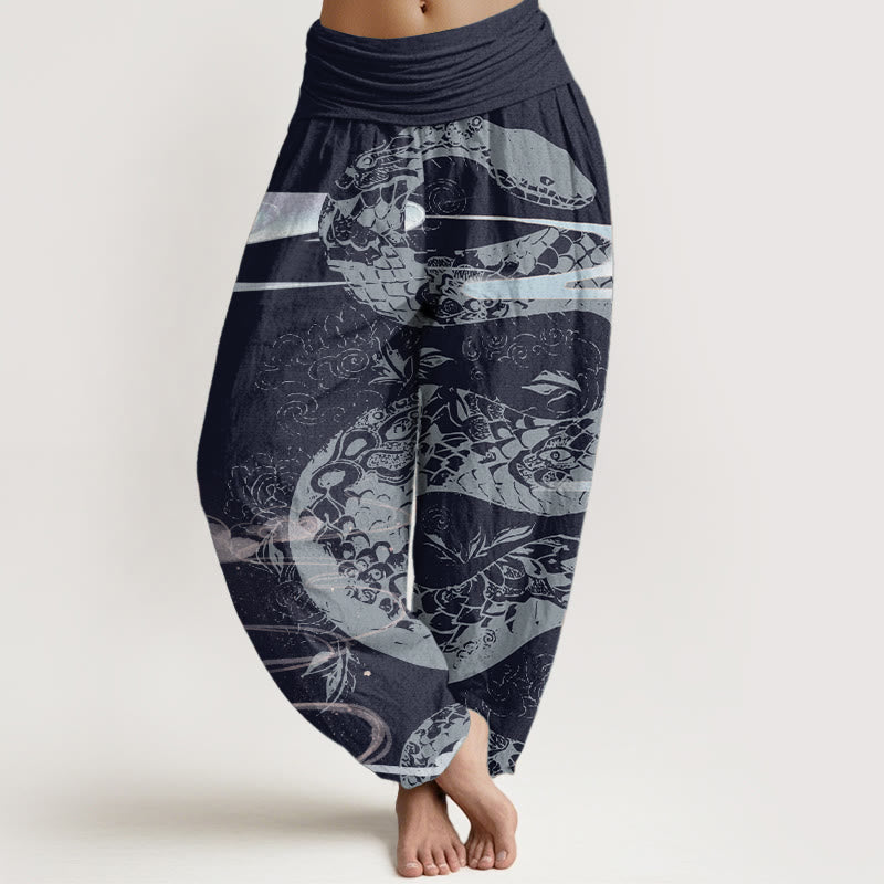 Pantaloni harem da donna in cotone puro con elastico in vita, motivo a serpente, motivo a nuvole di buon auspicio, Buddha Stones