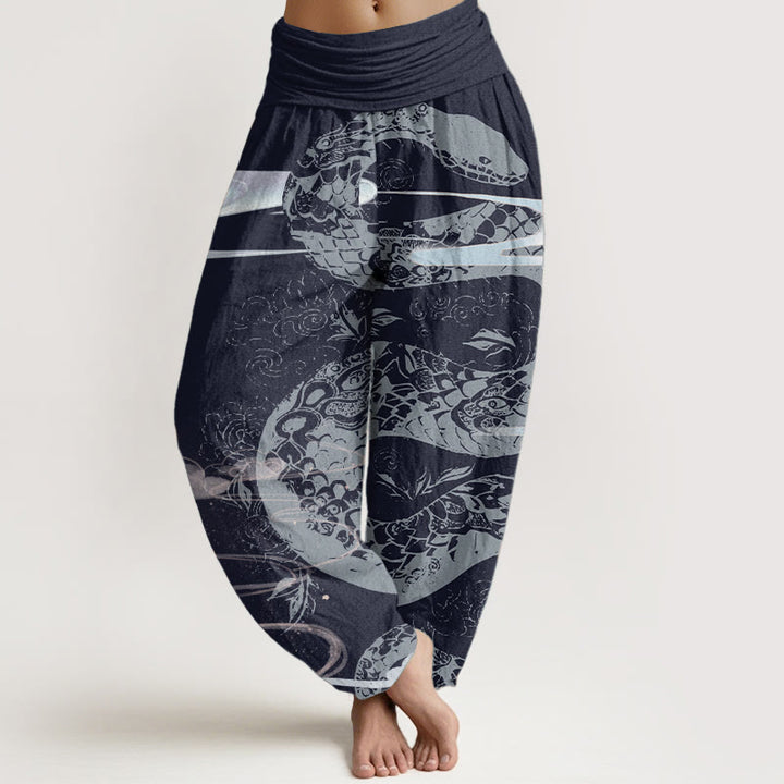 Pantaloni harem da donna in cotone puro con elastico in vita, motivo a serpente, motivo a nuvole di buon auspicio, Buddha Stones
