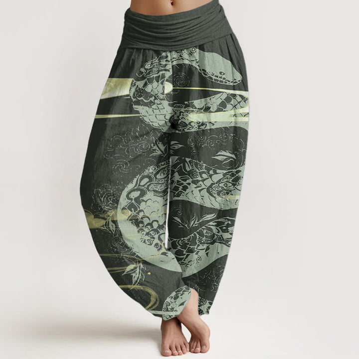 Pantaloni harem da donna in cotone puro con elastico in vita, motivo a serpente, motivo a nuvole di buon auspicio, Buddha Stones