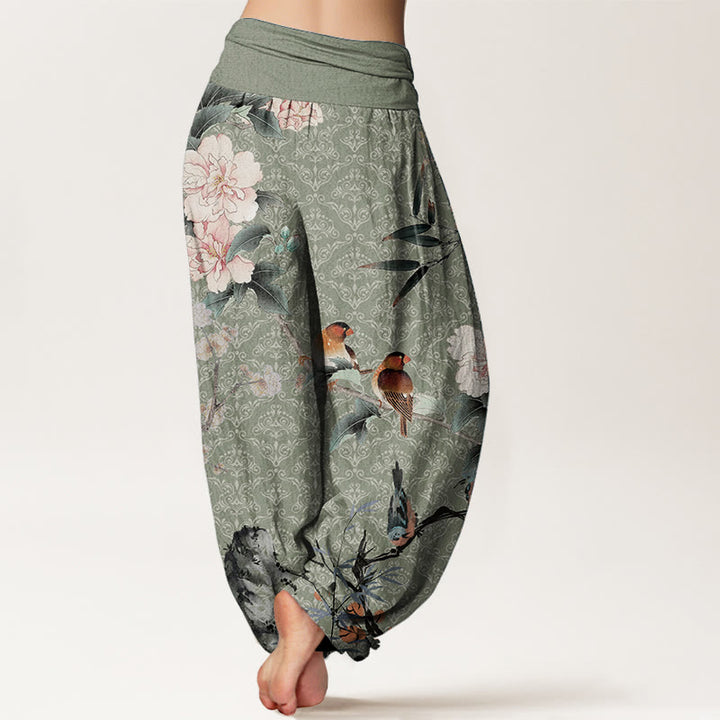 Pantaloni harem da donna con elastico in vita, motivo mandala, in puro cotone, con rami di fiori in fiore, motivo Buddha Stones.