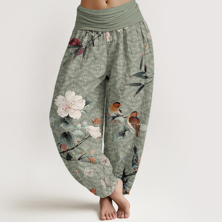 Pantaloni harem da donna con elastico in vita, motivo mandala, in puro cotone, con rami di fiori in fiore, motivo Buddha Stones.