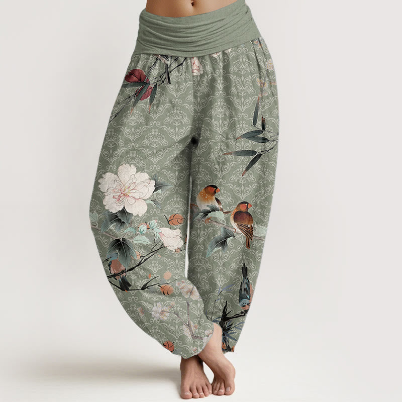 Pantaloni harem da donna con elastico in vita, motivo mandala, in puro cotone, con rami di fiori in fiore, motivo Buddha Stones. - Verde chiaro - US22, UK/AU26, EU54 (6XL) - image 0