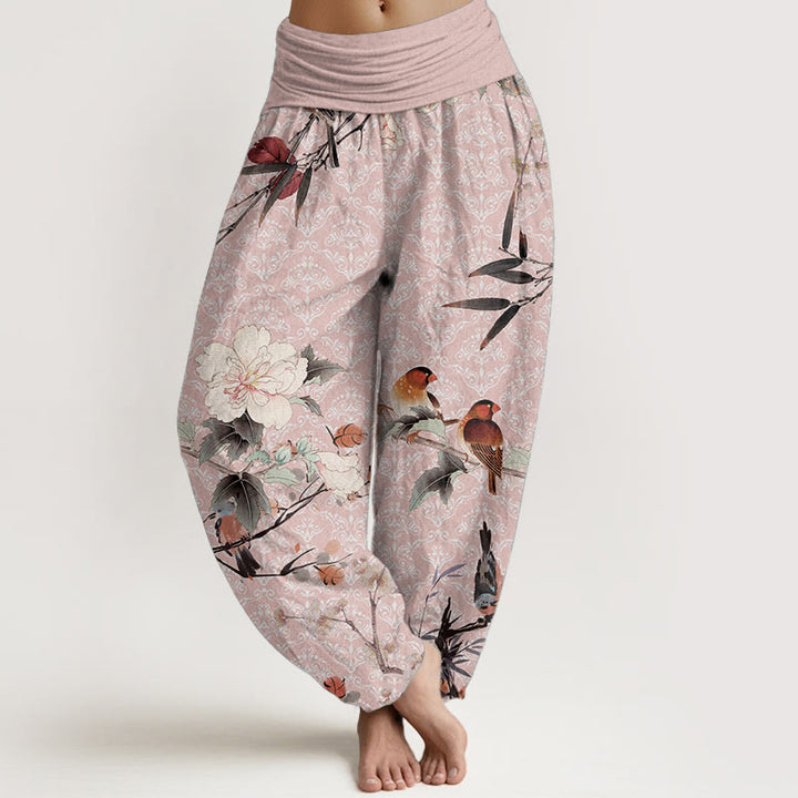 Pantaloni harem da donna con elastico in vita, motivo mandala, in puro cotone, con rami di fiori in fiore, motivo Buddha Stones.