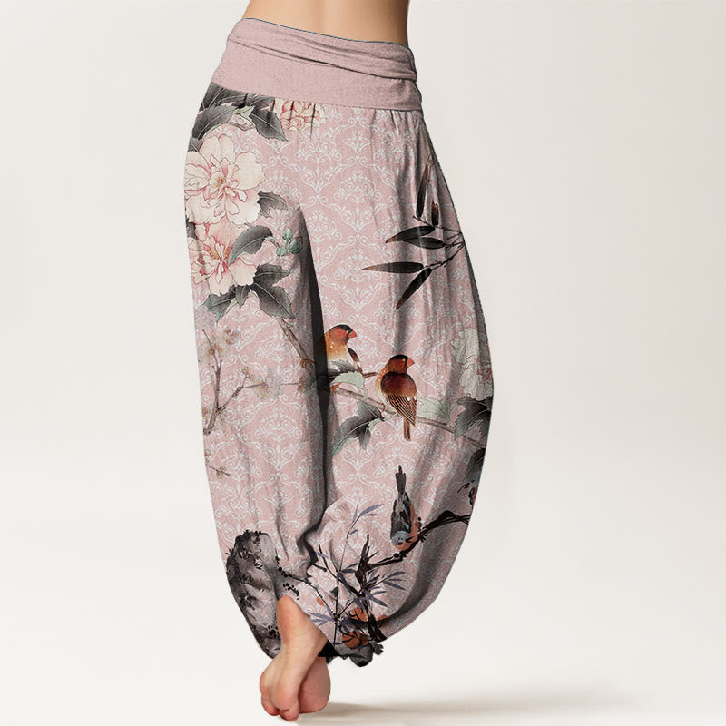Pantaloni harem da donna con elastico in vita, motivo mandala, in puro cotone, con rami di fiori in fiore, motivo Buddha Stones.
