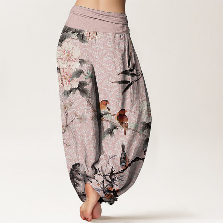 Pantaloni harem da donna con elastico in vita, motivo mandala, in puro cotone, con rami di fiori in fiore, motivo Buddha Stones.