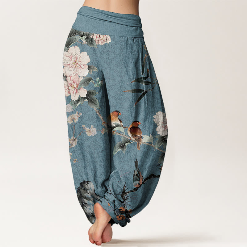 Pantaloni harem da donna con elastico in vita, motivo mandala, in puro cotone, con rami di fiori in fiore, motivo Buddha Stones.