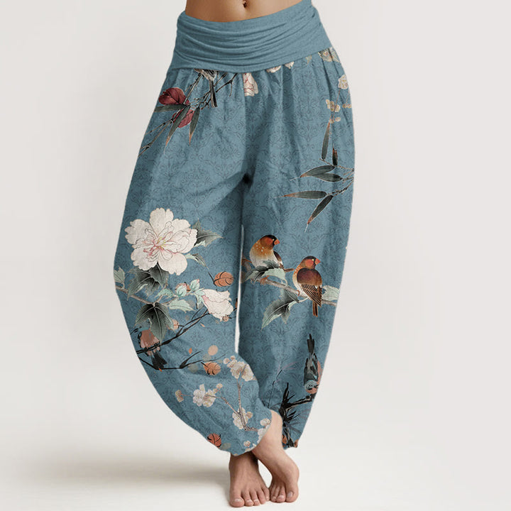 Pantaloni harem da donna con elastico in vita, motivo mandala, in puro cotone, con rami di fiori in fiore, motivo Buddha Stones.