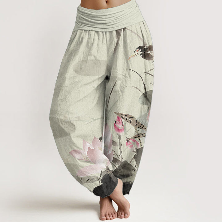 Pantaloni harem da donna con elastico in vita, in puro cotone, con motivo a uccelli e foglie di loto rosa, motivo Buddha Stones
