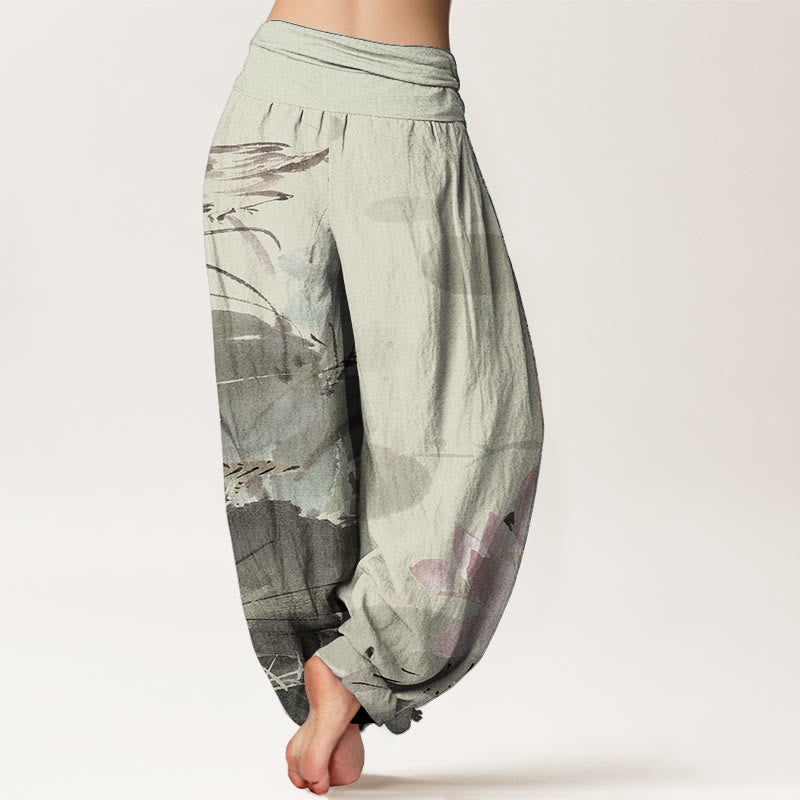 Pantaloni harem da donna con elastico in vita, in puro cotone, con motivo a uccelli e foglie di loto rosa, motivo Buddha Stones