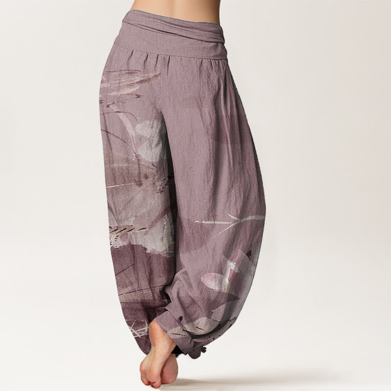 Pantaloni harem da donna con elastico in vita, in puro cotone, con motivo a uccelli e foglie di loto rosa, motivo Buddha Stones