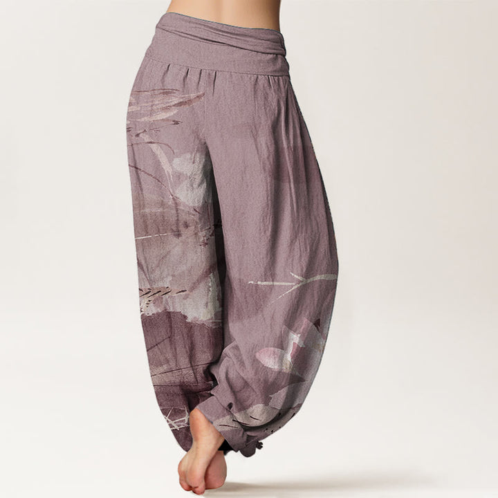 Pantaloni harem da donna con elastico in vita, in puro cotone, con motivo a uccelli e foglie di loto rosa, motivo Buddha Stones