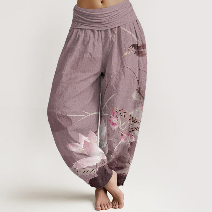 Pantaloni harem da donna con elastico in vita, in puro cotone, con motivo a uccelli e foglie di loto rosa, motivo Buddha Stones