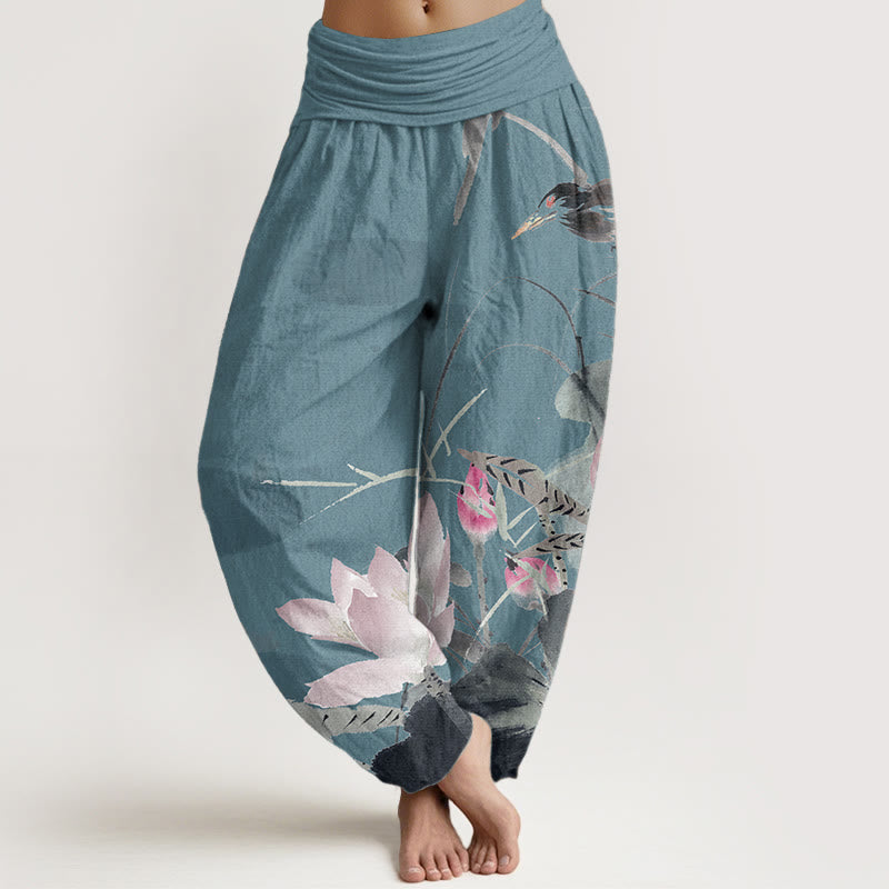 Pantaloni harem da donna con elastico in vita, in puro cotone, con motivo a uccelli e foglie di loto rosa, motivo Buddha Stones