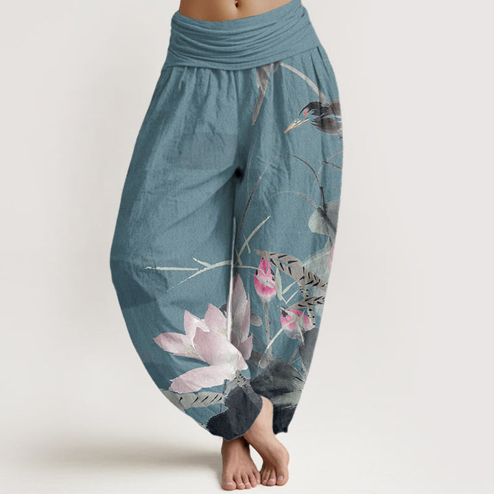 Pantaloni harem da donna con elastico in vita, in puro cotone, con motivo a uccelli e foglie di loto rosa, motivo Buddha Stones - Turchese scuro - US22, UK/AU26, EU54 (6XL) - image 5