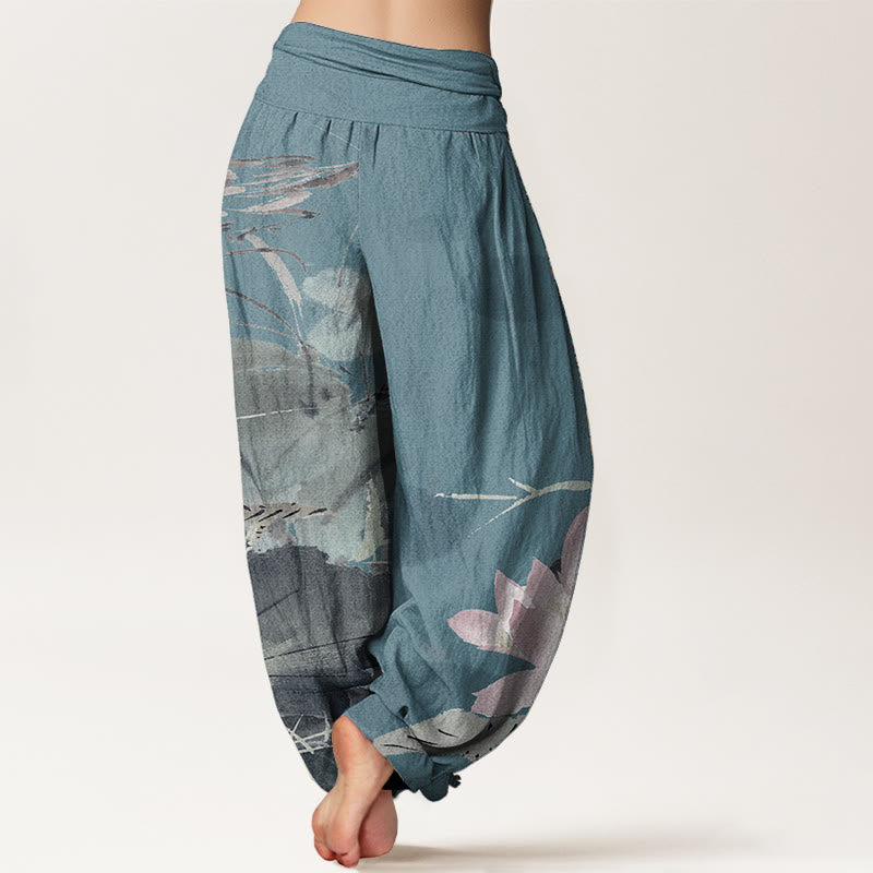 Pantaloni harem da donna con elastico in vita, in puro cotone, con motivo a uccelli e foglie di loto rosa, motivo Buddha Stones