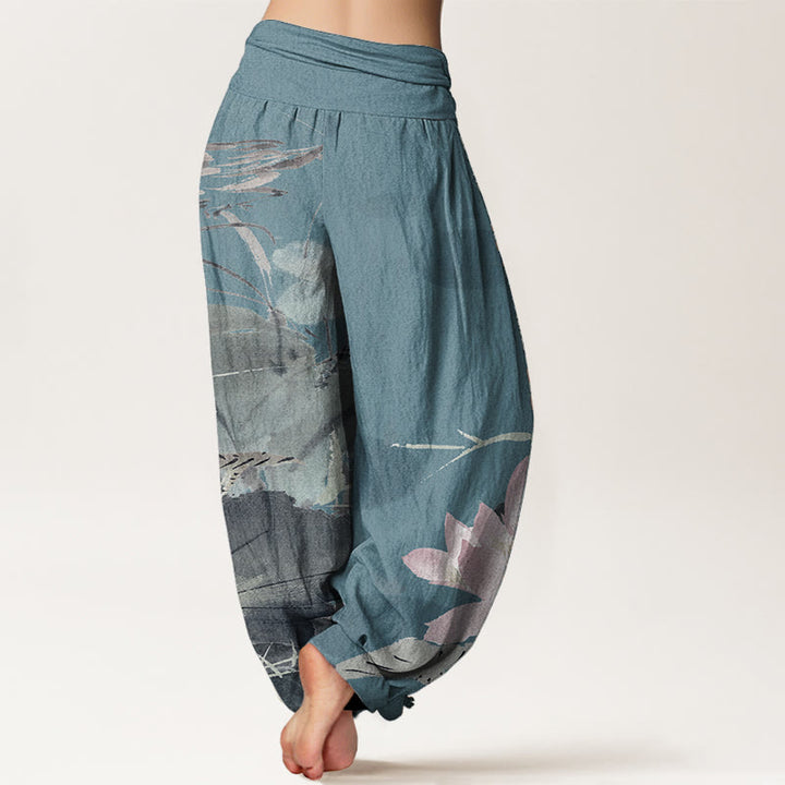 Pantaloni harem da donna con elastico in vita, in puro cotone, con motivo a uccelli e foglie di loto rosa, motivo Buddha Stones