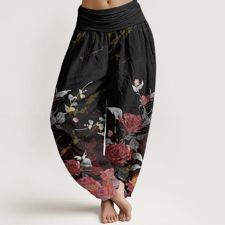 Pantaloni harem da donna in cotone elasticizzato con motivo a rose in fiore, modello Buddha Stones