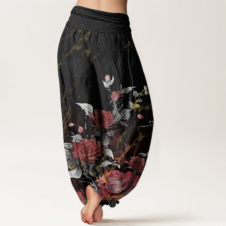 Pantaloni harem da donna in cotone elasticizzato con motivo a rose in fiore, modello Buddha Stones