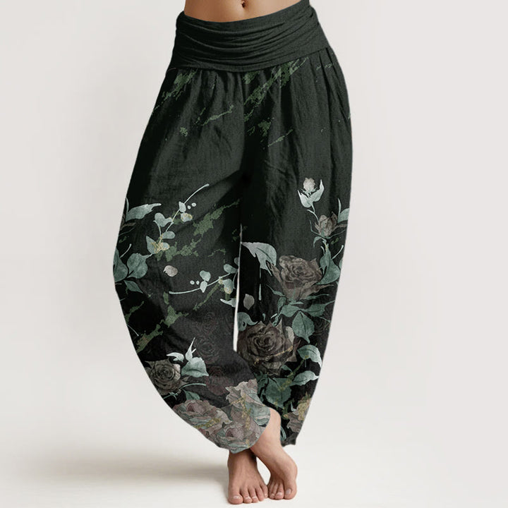 Pantaloni harem da donna in cotone elasticizzato con motivo a rose in fiore, modello Buddha Stones