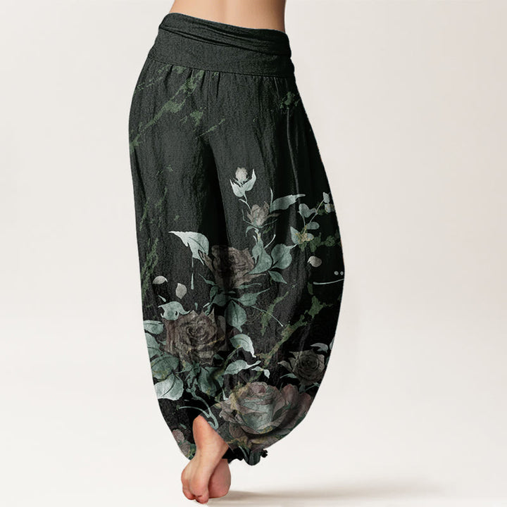 Pantaloni harem da donna in cotone elasticizzato con motivo a rose in fiore, modello Buddha Stones
