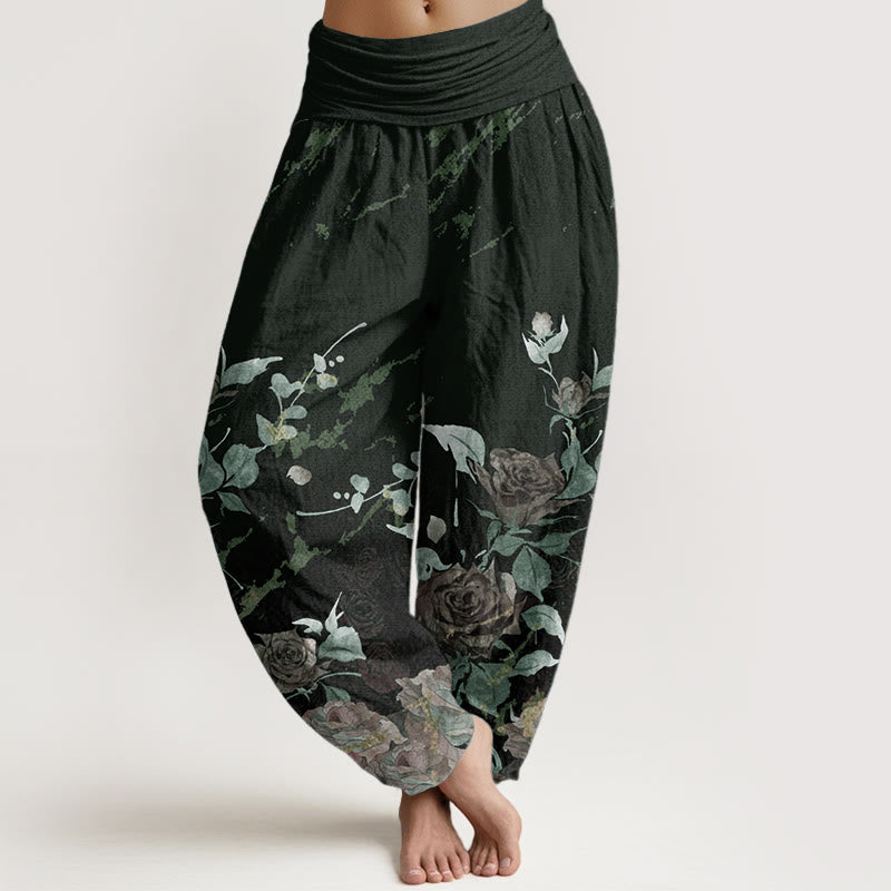 Pantaloni harem da donna in cotone elasticizzato con motivo a rose in fiore, modello Buddha Stones - Verde scuro - US22, UK/AU26, EU54 (6XL) - image 8