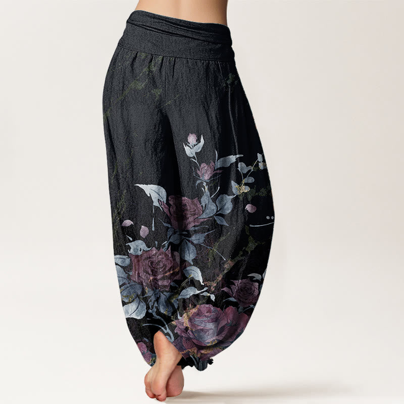 Pantaloni harem da donna in cotone elasticizzato con motivo a rose in fiore, modello Buddha Stones