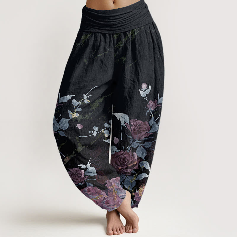 Pantaloni harem da donna in cotone elasticizzato con motivo a rose in fiore, modello Buddha Stones