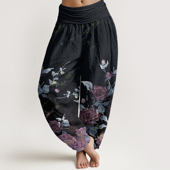 Pantaloni harem da donna in cotone elasticizzato con motivo a rose in fiore, modello Buddha Stones