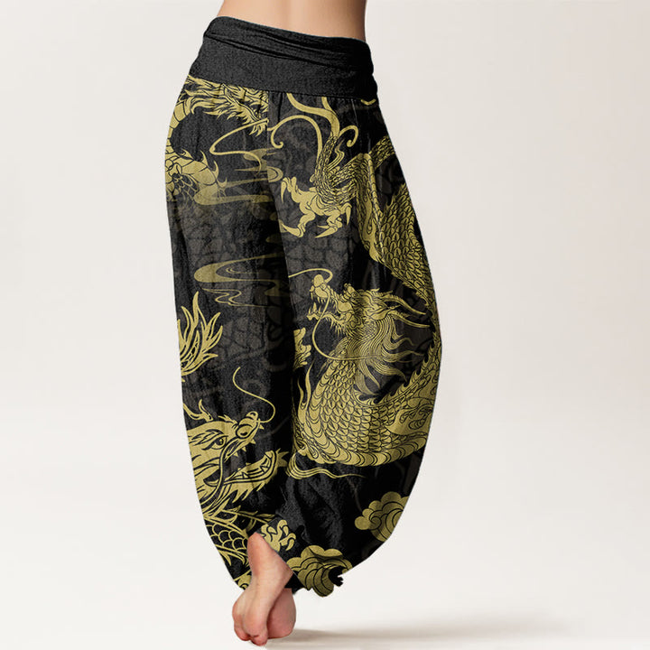 Pantaloni harem da donna con elastico in vita, in puro cotone, con Buddha Stones drago e nuvole di buon auspicio